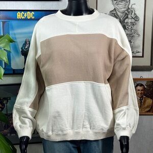 Vintage Sync Colorblock Sweatshirt Cream Tan Pullover | Soft Cotton Blend | M